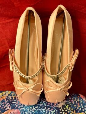 Women's Pink Satin Ballet Flats with Crystal Strap and Bow
